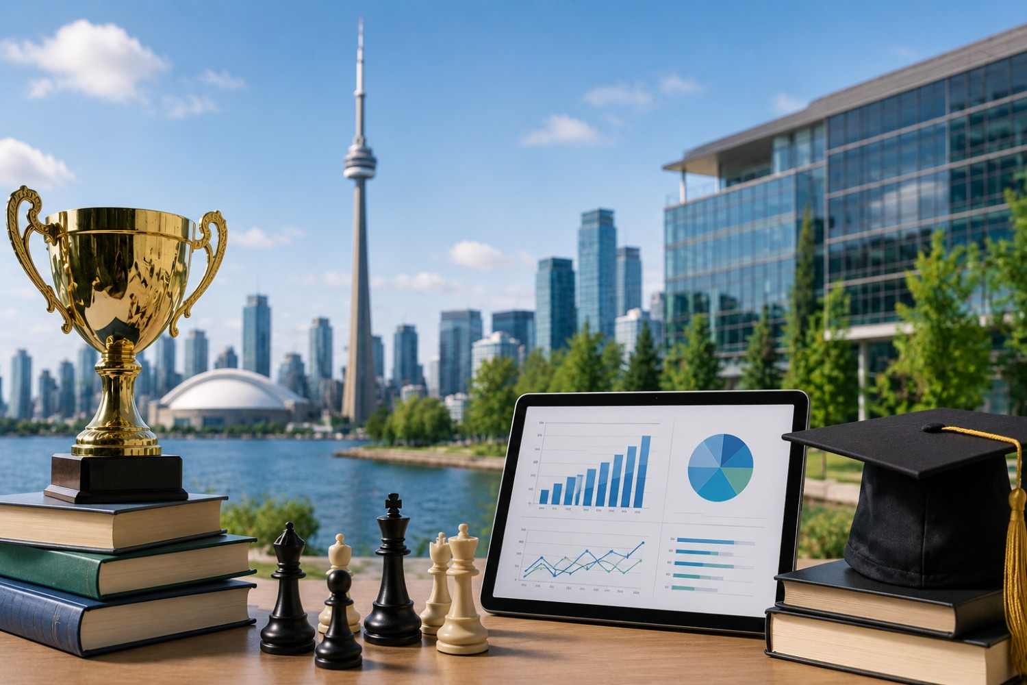 Schulich MBA ranking visual with trophy, performance charts, graduation cap and Toronto skyline representing academic and business school achievement.